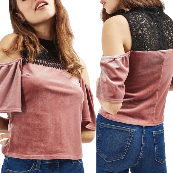 Topshop Lace and Velvet Cold Shoulder Top - Picture 2 of 7